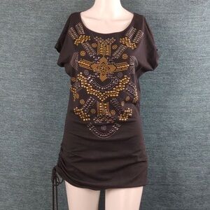 Twentyone Long Black Tee Studded with Silver And Gold Studs, Side Gather Tie